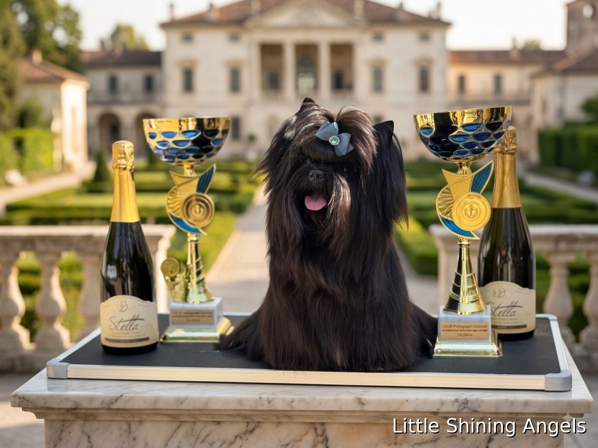 Črni terier Little Shining Angels s pokali in nagradami — Polhograjski Dolomiti CACIB 2026